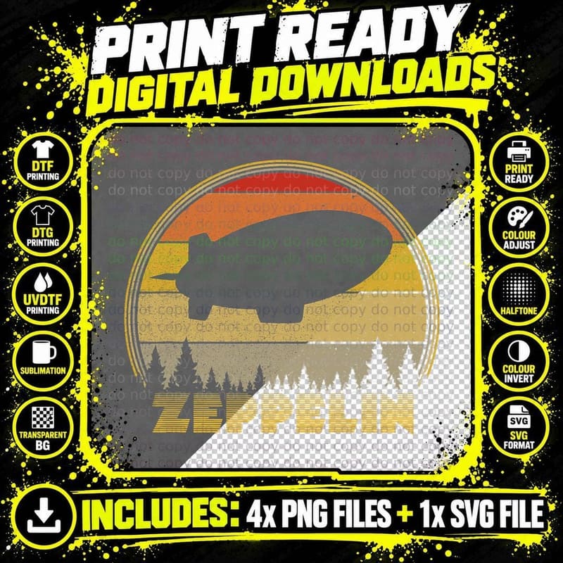 Zeppelin Retro Vintage Sunset 70s 80s Distressed Png SVG Digital Bundle