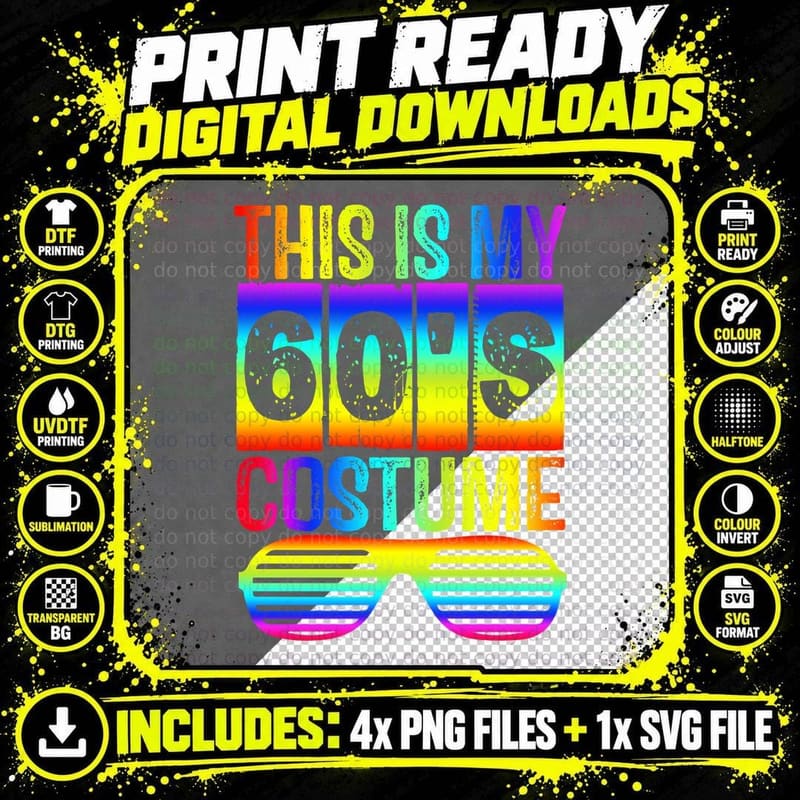 60's Costume T-Shirt, Retro 1960s Fashion, Party Wear Png SVG Digital Bundle