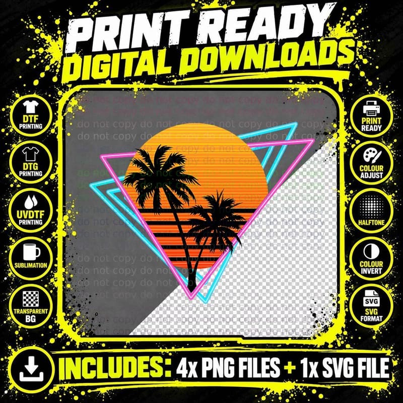 80s Retro Palm Tree Sunset Tee Nostalgic Vintage Sunset Png SVG Digital Bundle