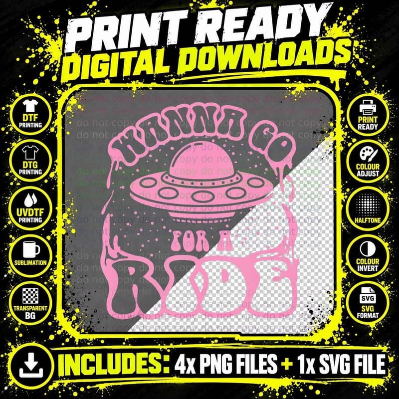 Alien Gift Retro UFO Go for a Ride Abduction Gift Png SVG Digital Bundle