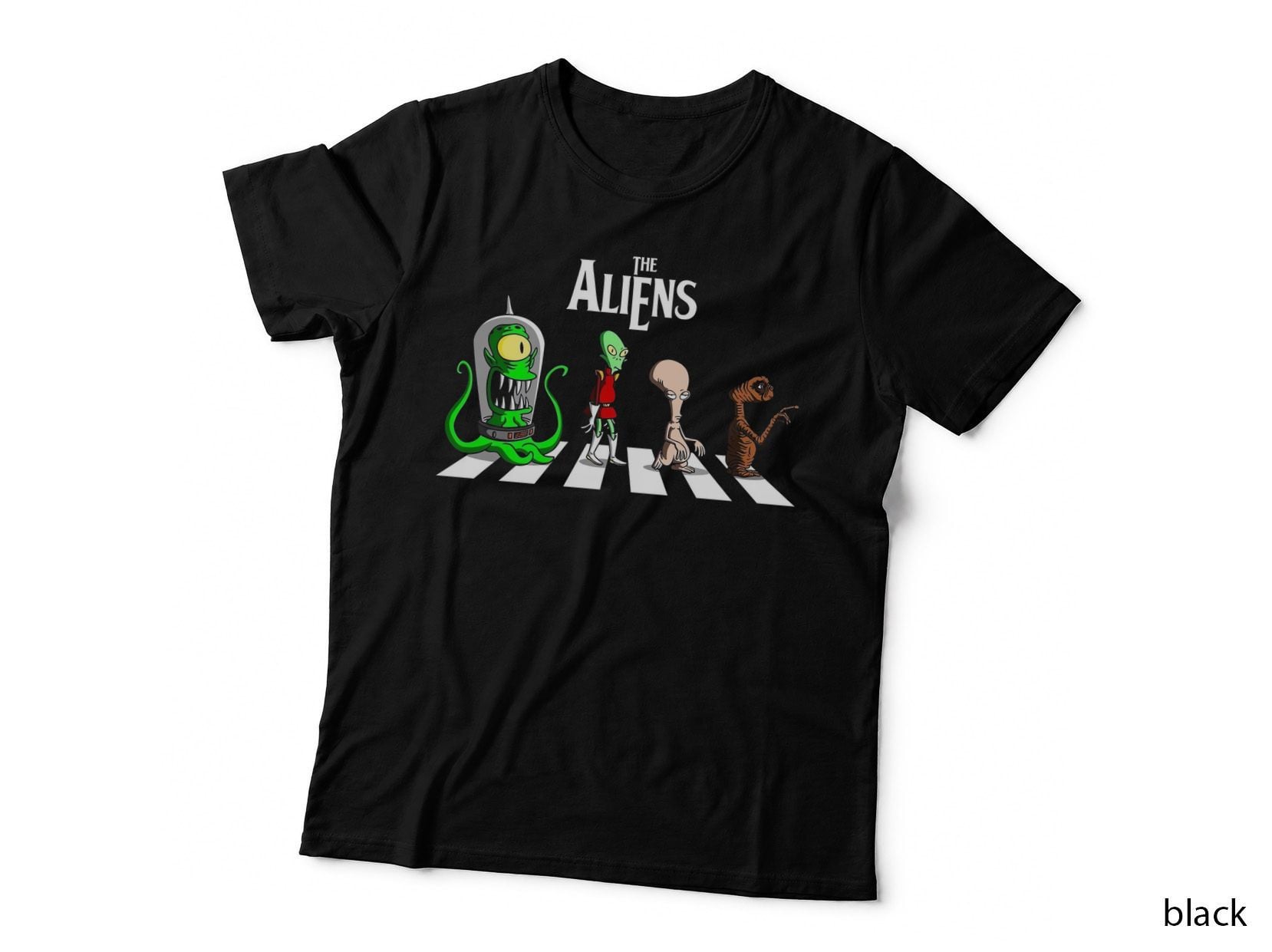 Aliens Abbey Road Crosswalk Parody Tee, Cartoon Sci-Fi Lineup, Quirky Retro Art