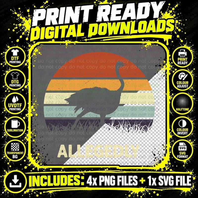 Allegedly Ostrich Silhouette T-Shirt, Vintage Retro Style Png SVG Digital Bundle
