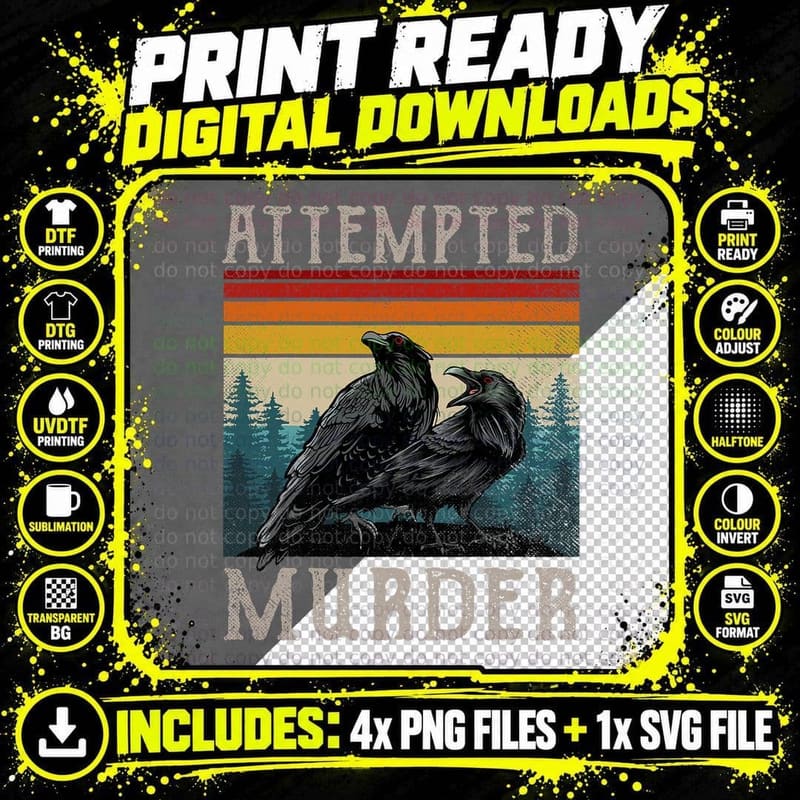 Attempted Murder, Crows Ravens on Retro Sunset Png SVG Digital Bundle
