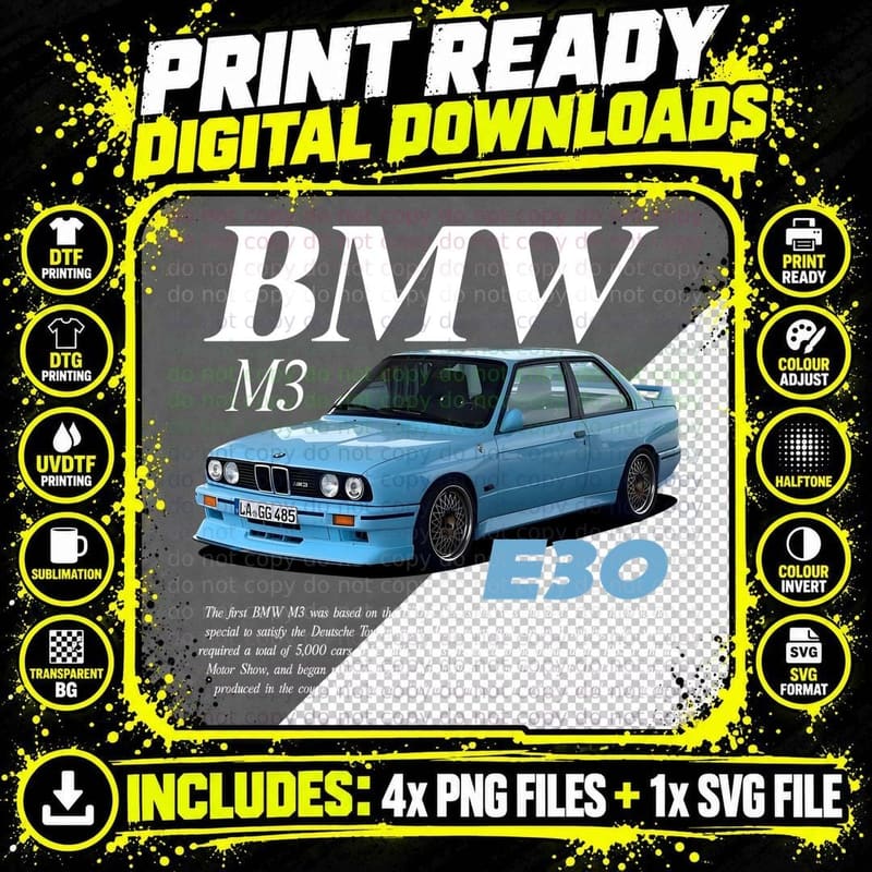 BMW E30 T-Shirt, Classic Muscle Tee Png SVG Digital Bundle