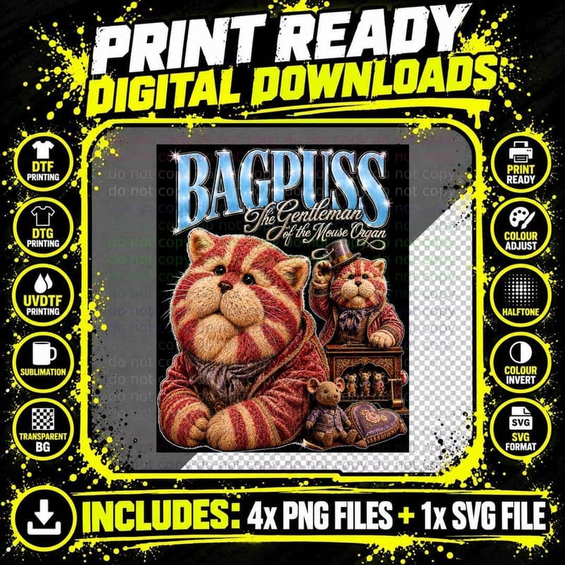 Bagpuss Vintage Cartoon Nostalgia Art Halftone T-Shirt Png SVG Digital Bundle