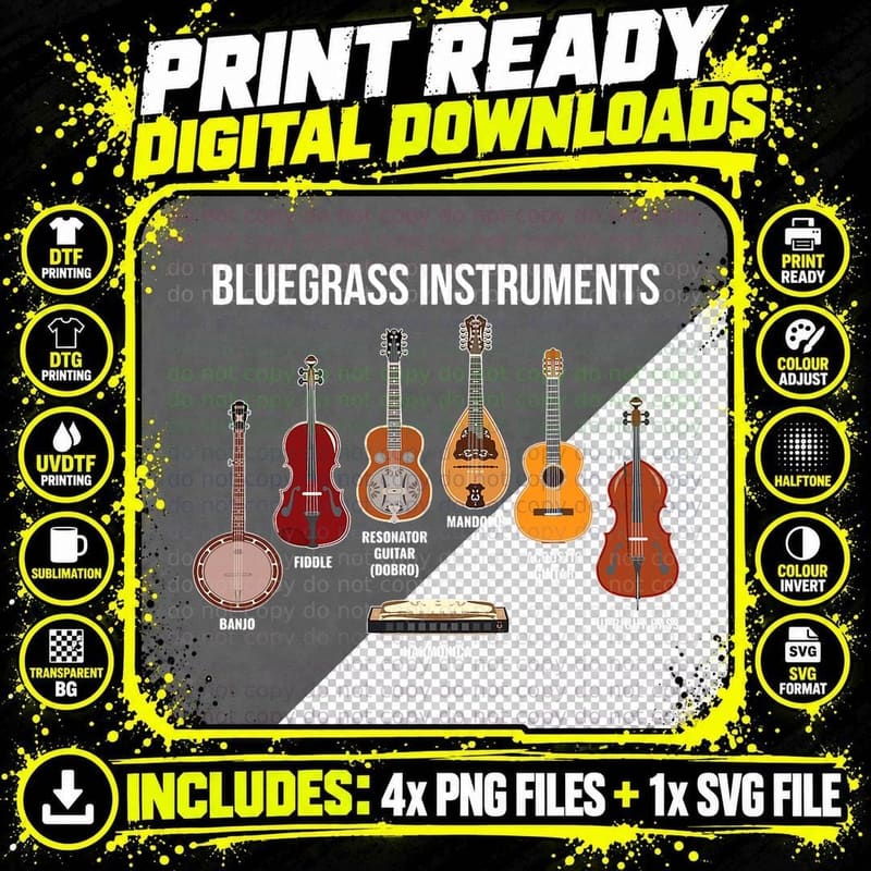 Banjo Bluegrass Instruments Vintage Music Fans Banjo Png SVG Digital Bundle