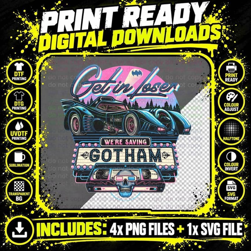 Batmobile T-Shirt, Superhero Comic Print, Retro 80s Style Png SVG Digital Bundle