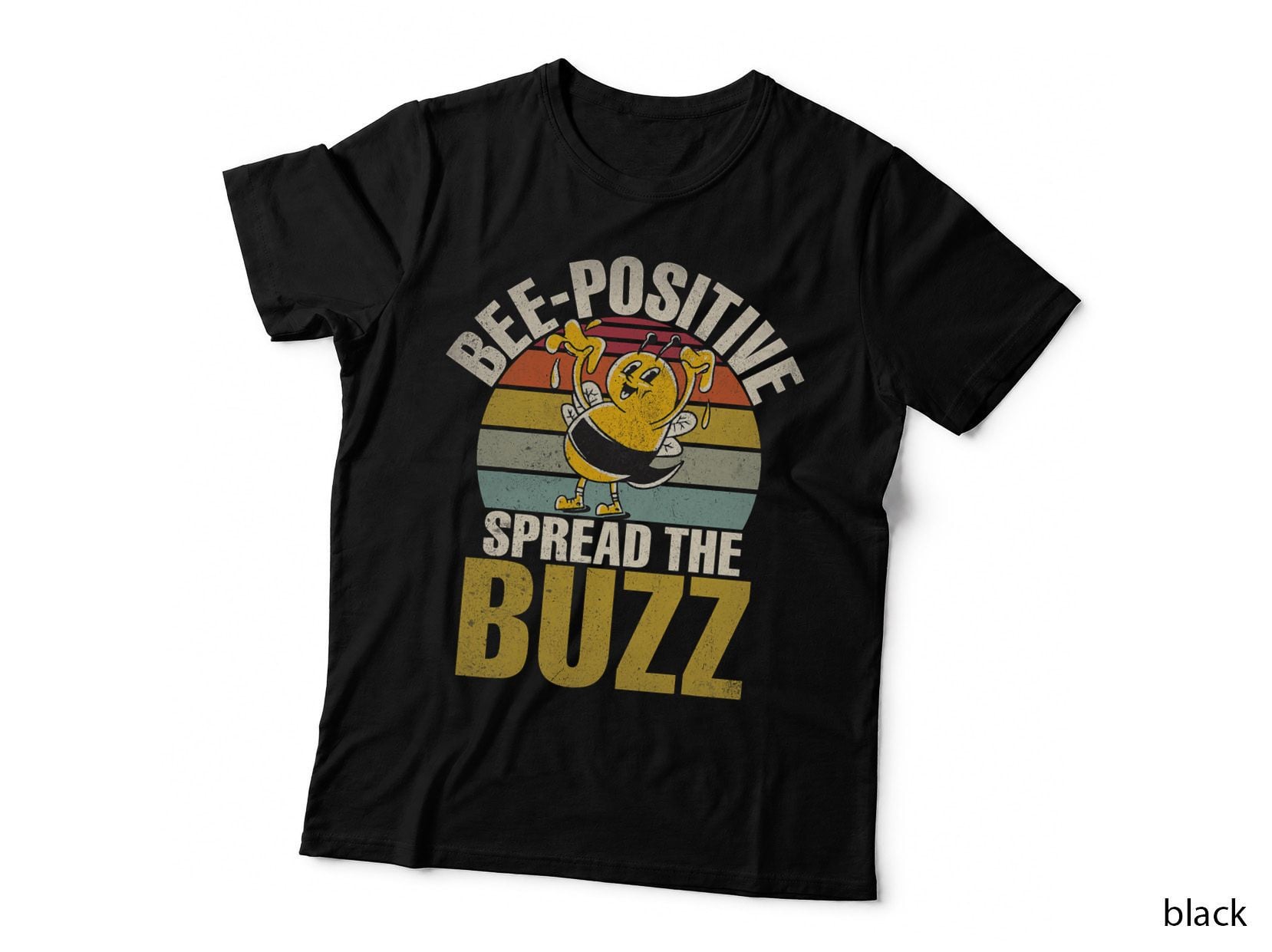 Bee Positive Spread the Buzz, Cartoon Bee Sunset, Retro Honey Lover Tee