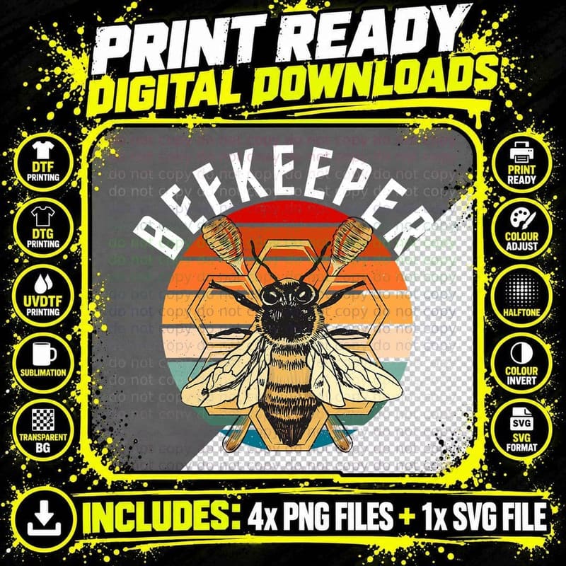Beekeeper Bee Honey Dippers, Retro Sunset Hexagon Png SVG Digital Bundle