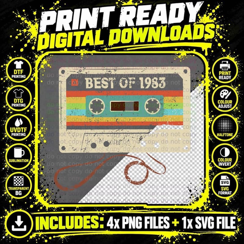 Best of 1983 Vintage Cassette T-Shirt Png SVG Digital Bundle