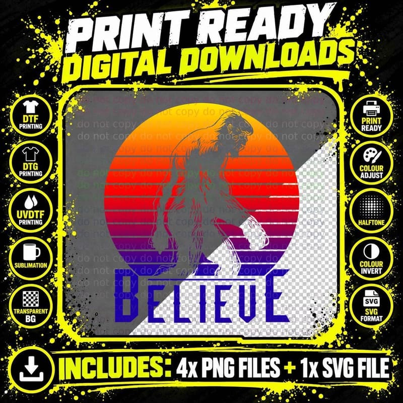 Bigfoot Retro Sunset T-Shirt, Vintage 80s Style Png SVG Digital Bundle