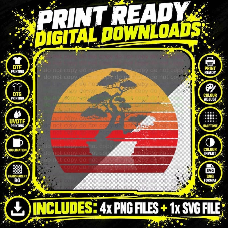 Bonsai Tree T-Shirt, Vintage Sunset Print Png SVG Digital Bundle