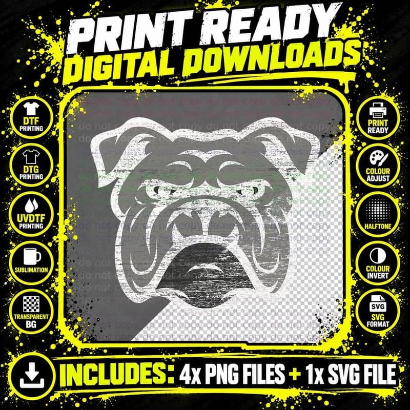 Bulldog Face T-Shirt, Distressed Style, Pet Lover Apparel Png SVG Digital Bundle