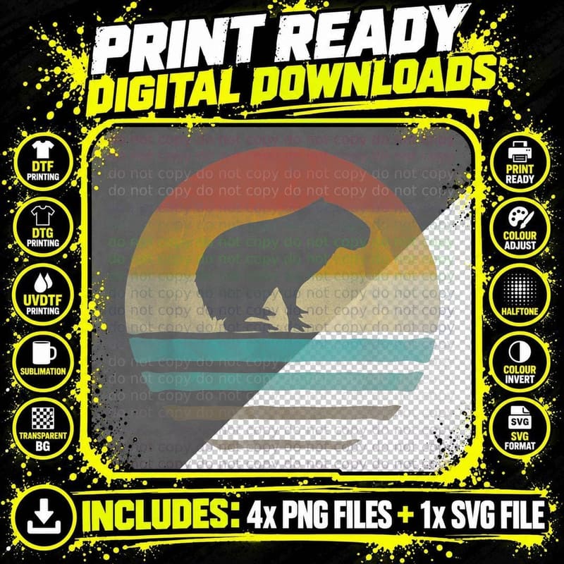 Capybara Retro Vintage 70s Silhouette Distressed T-Shirt Png SVG Digital Bundle
