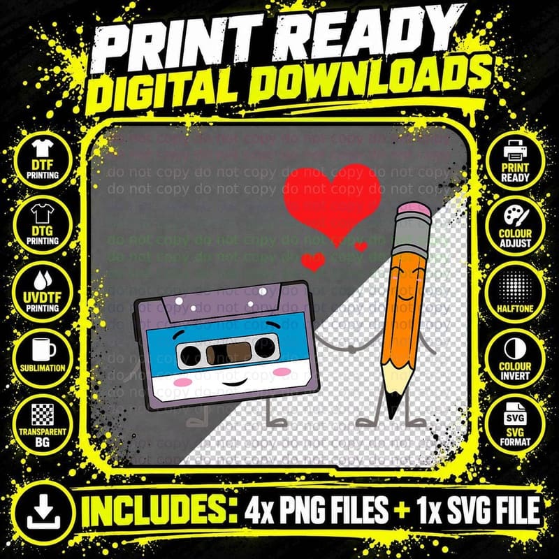 Cassette Tape Pencil Retro Vintage 70's 80's 90's Music Png SVG Digital Bundle