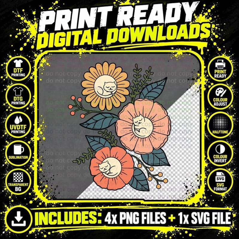Cats Flowers Vintage T-Shirt Png SVG Digital Bundle