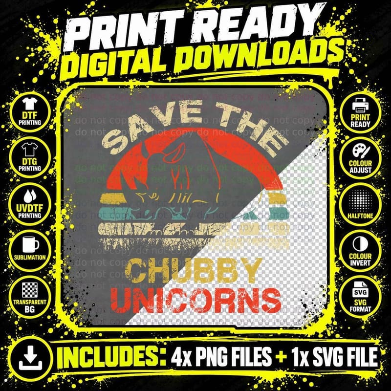 Chubby Unicorns T-Shirt, Vintage Retro, Pet Lover Apparel Png SVG Digital Bundle