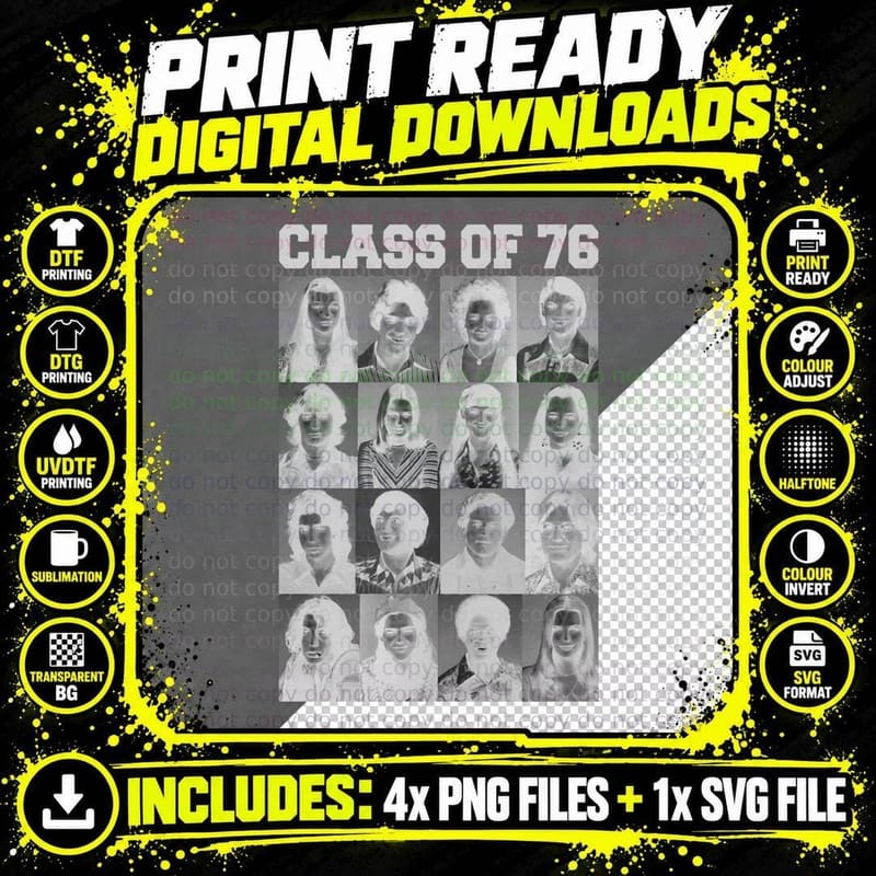 Class of 76 Yearbook Tee, Vintage 1970S Portraits Grid Png SVG Digital Bundle