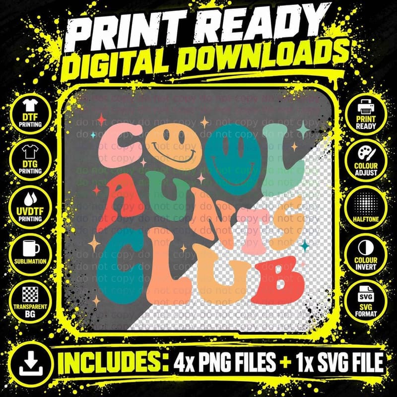 Cool Aunt Club Groovy Retro Smile Cool Aunt Club Aunties Png SVG Digital Bundle