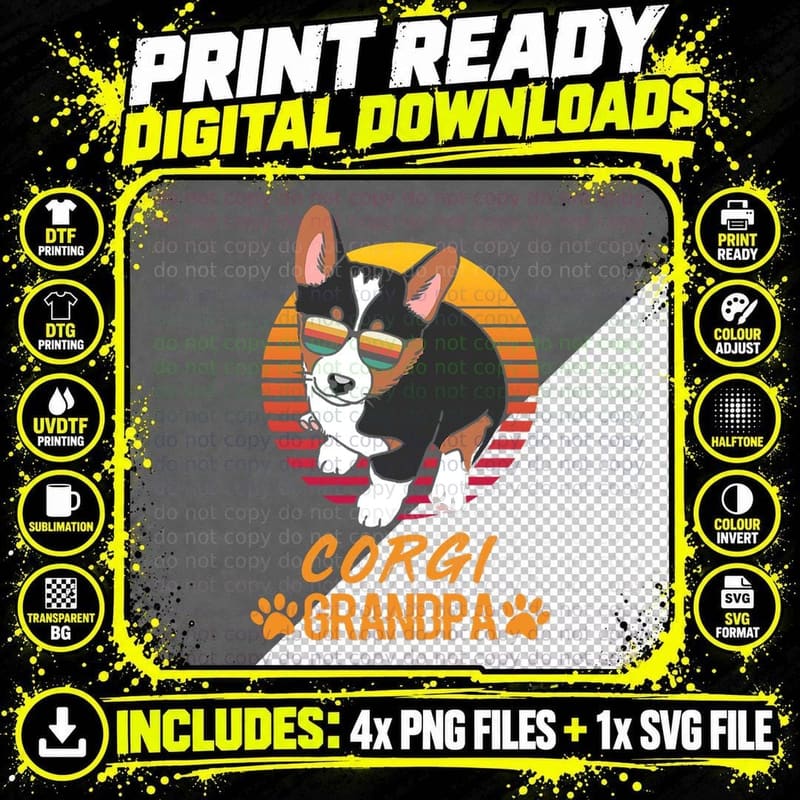 Corgi Grandpa T-Shirt, Retro Stripes, Pet Lover Apparel Png SVG Digital Bundle