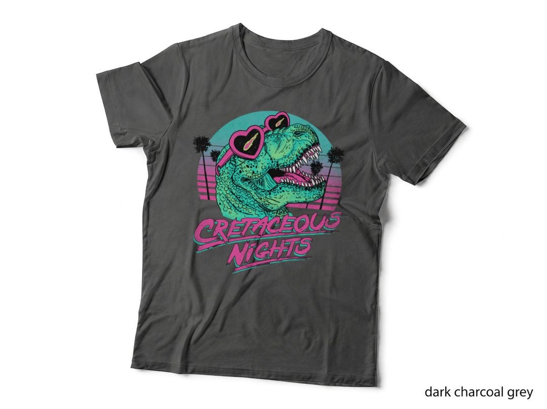 Cretaceous Nights T-Rex in Heart Sunglasses, Retro 80S Synthwave Tee