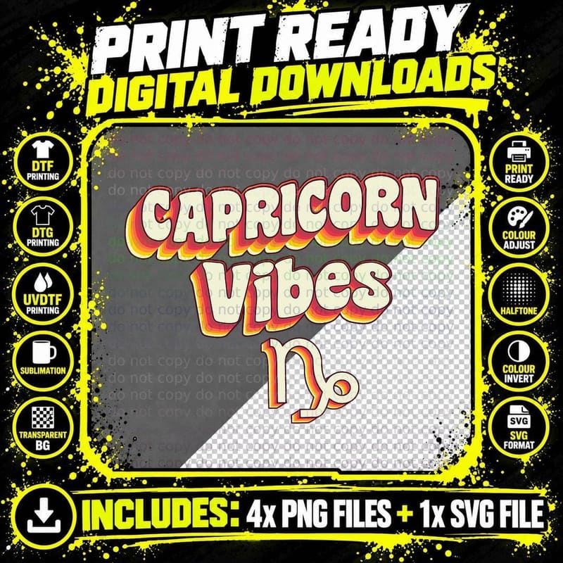December to January Birthday Retro Capricorn Zodiac Sign Png SVG Digital Bundle