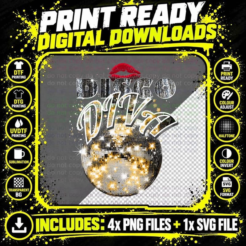 Disco Ball Disco Diva Queen - 70s Retro Vintage Dancing Png SVG Digital Bundle