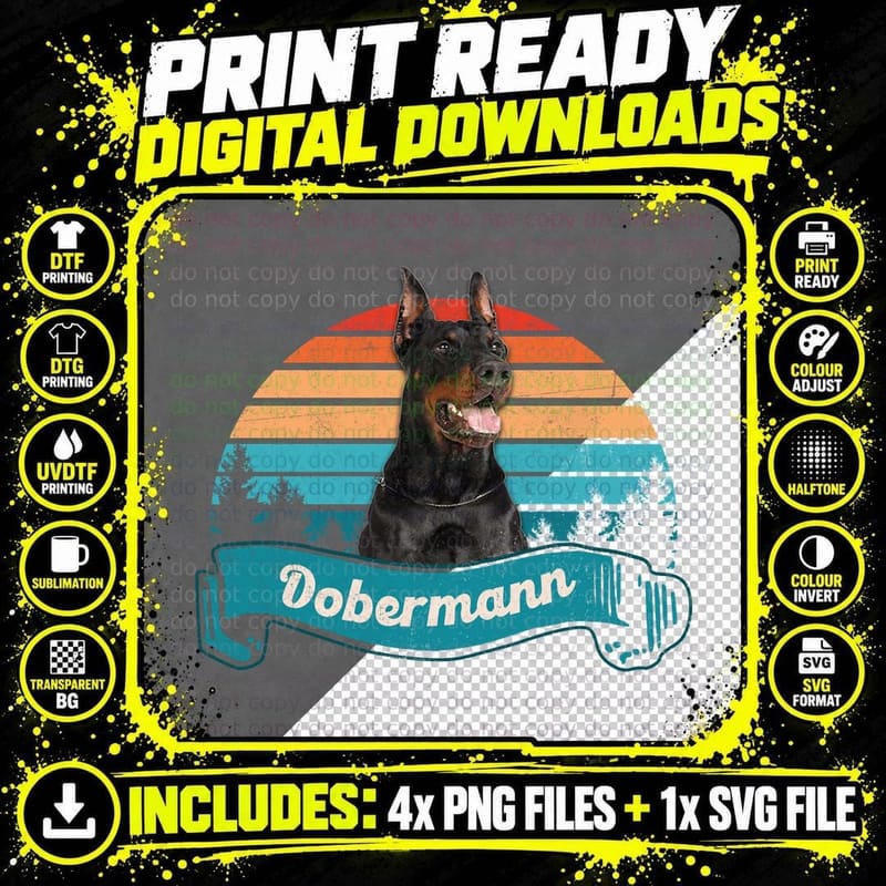Dobermann T-Shirt, Retro Vintage Style Png SVG Digital Bundle