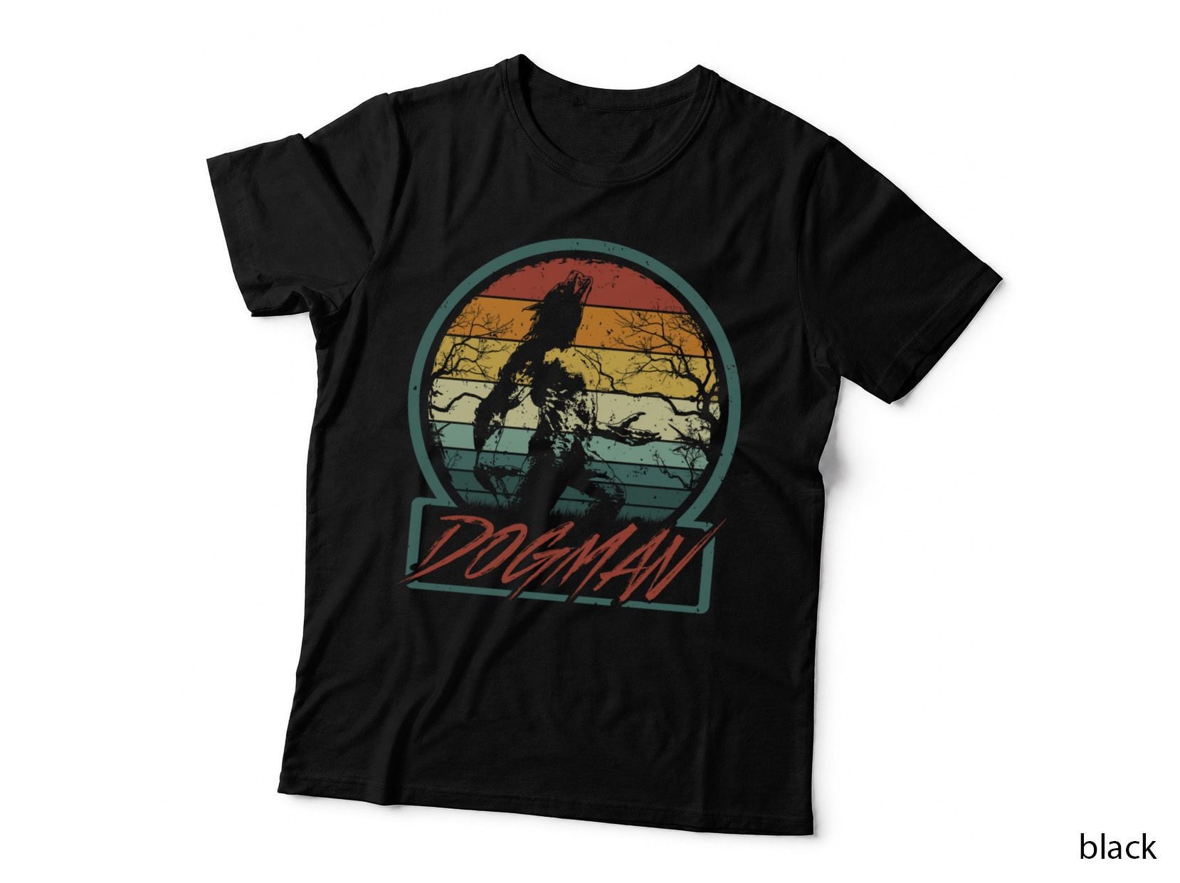 Dogman Retro Sunset Silhouette, Vintage Werewolf Cryptid Tee