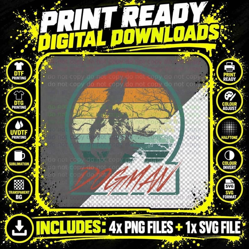Dogman Retro Sunset Silhouette, Vintage Werewolf Cryptid Png SVG Digital Bundle