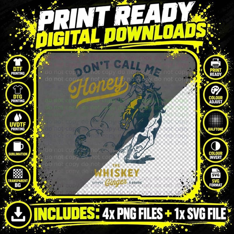Don't Call Me Honey Retro Pinup Cowgirl on Horseback Png SVG Digital Bundle
