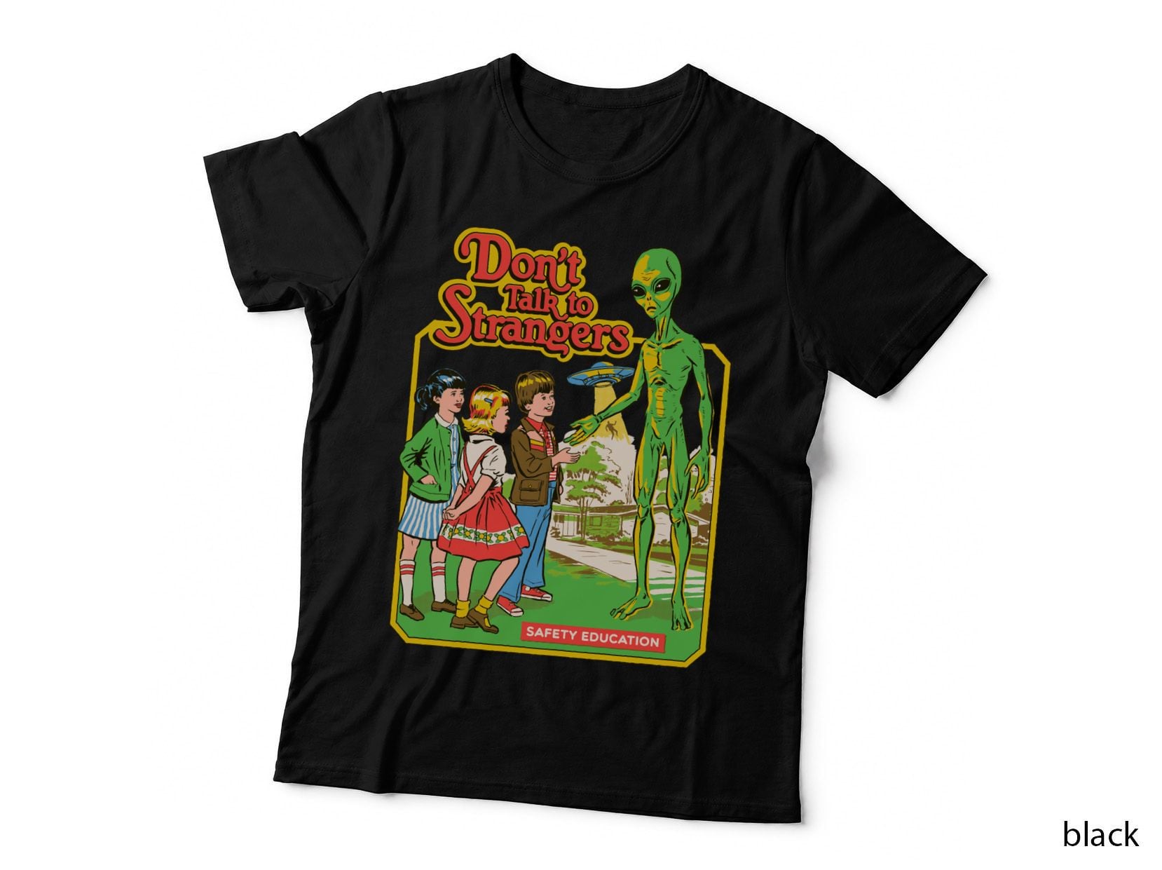 Don't Talk to Strangers Retro Alien UFO Tee, Vintage Sci-Fi, Safety Ed