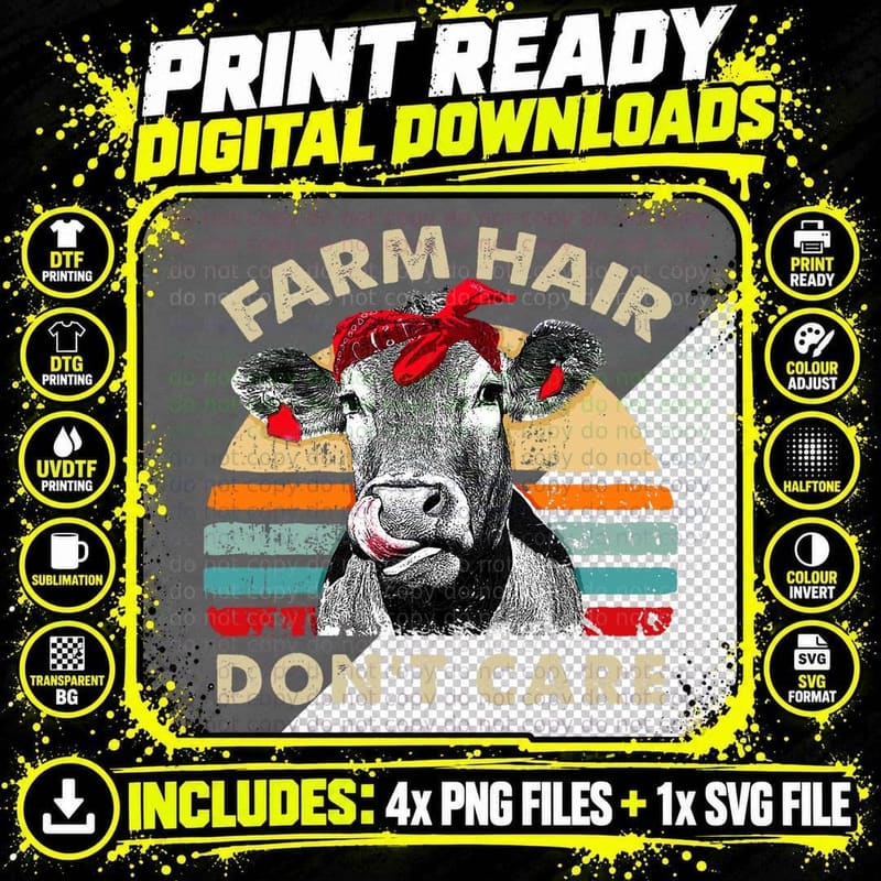 Farm Hair Don't Care T Shirt Pun Cows Lover Vintage Farm Png SVG Digital Bundle