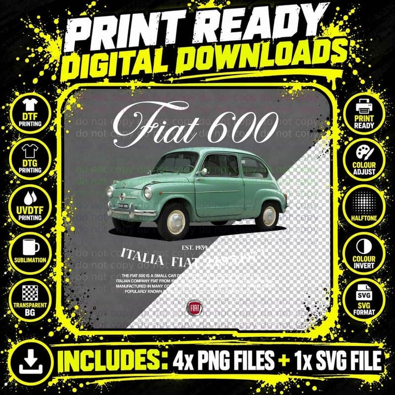 Fiat 600 T-Shirt, Vintage Car Tee, Gift for Car Png SVG Digital Bundle