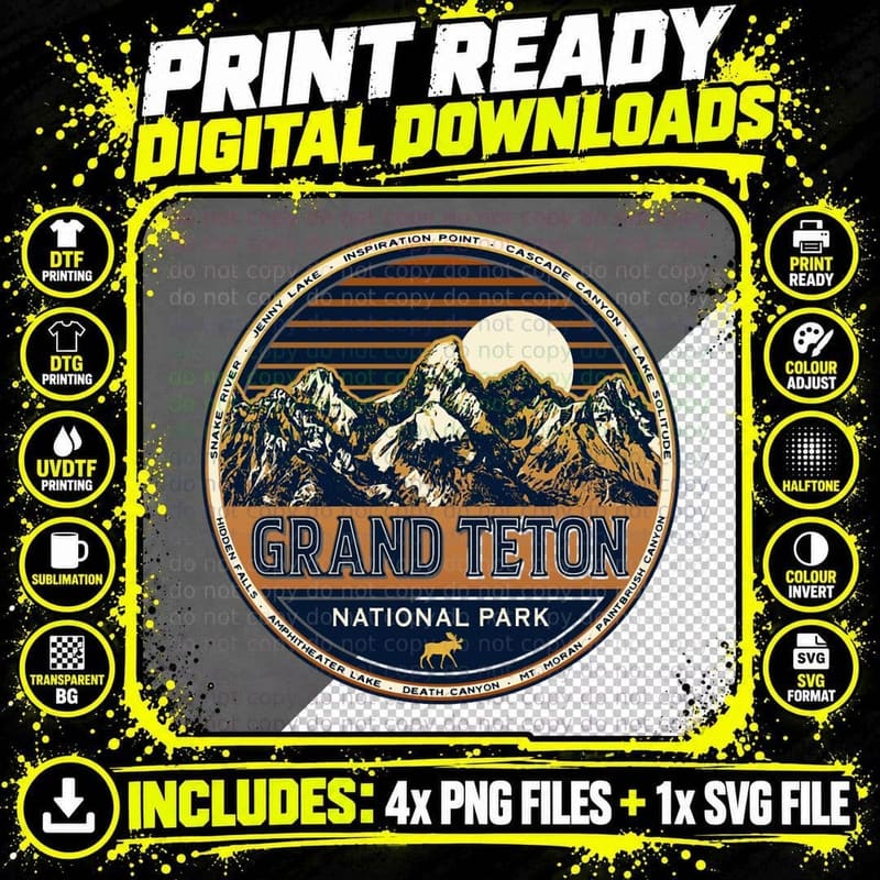 Grand Teton National Park Vintage, Retro Style Png SVG Digital Bundle