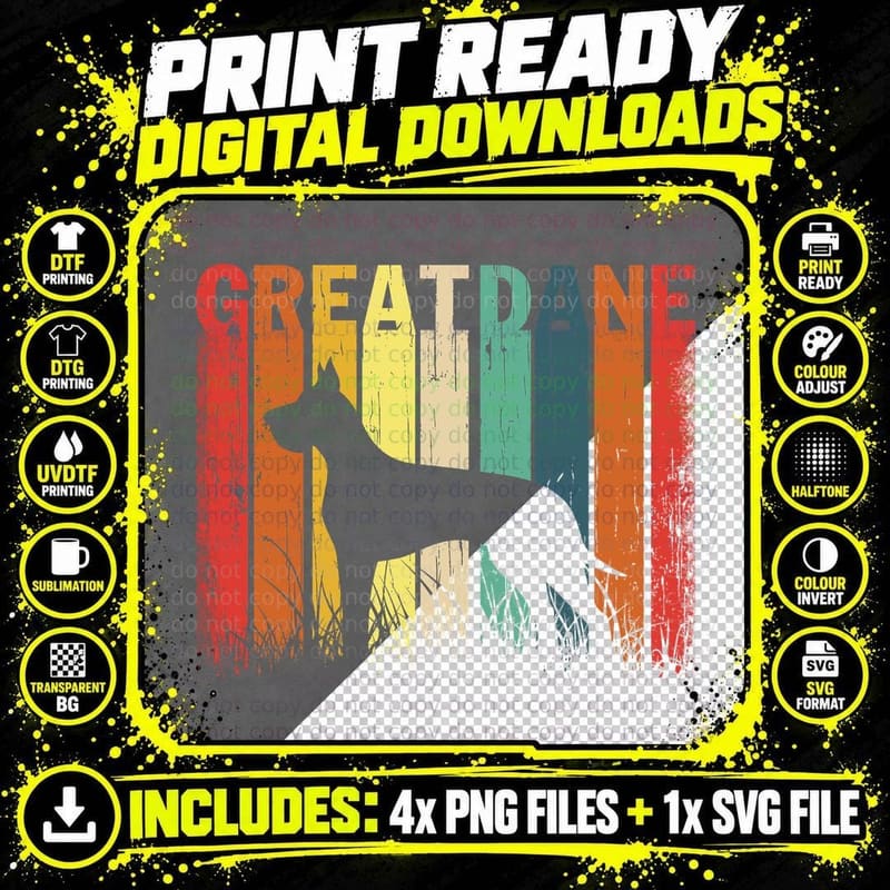 Great Dane Silhouette T-Shirt, Vintage Rainbow Stripes Png SVG Digital Bundle