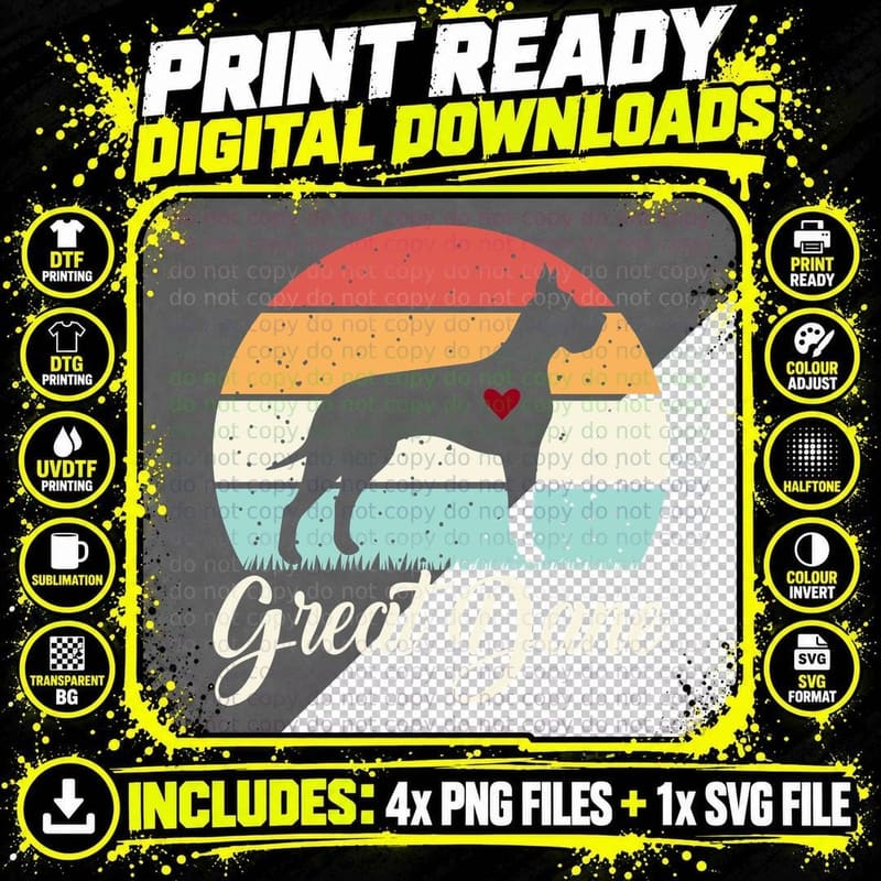 Great Dane T-Shirt, Vintage Rainbow Style Png SVG Digital Bundle