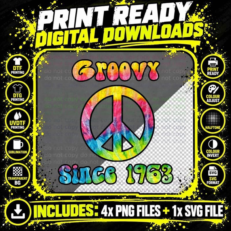 Groovy Peace Sign Since 1963 T-Shirt, Retro Hippie Style Png SVG Digital Bundle