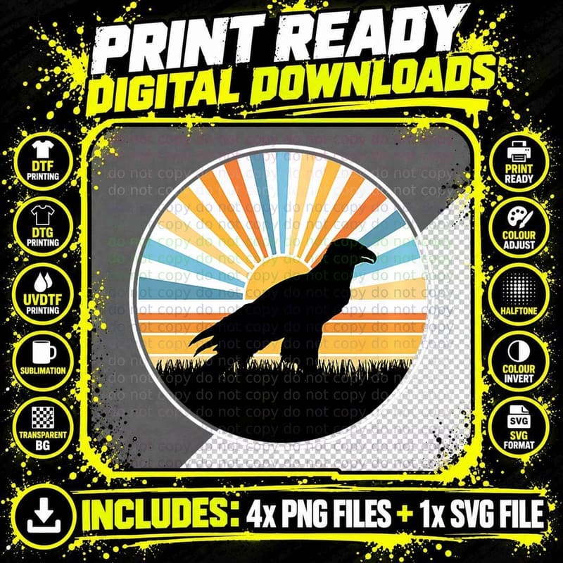 Hawk - Sunset Retro Animal Wildlife Zoo Ornithology Png SVG Digital Bundle