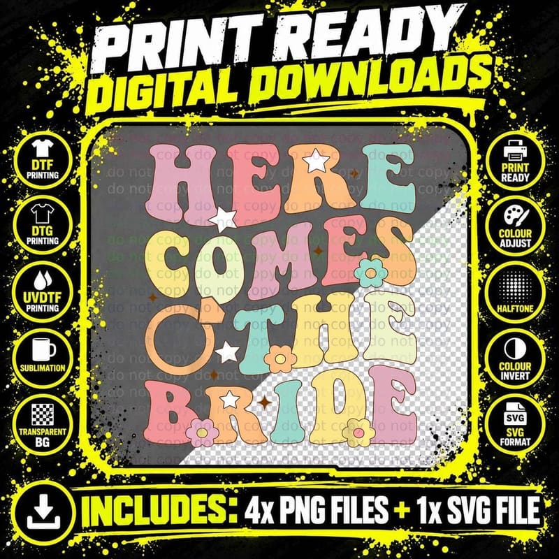 Here Come the Bride Party Retro Groovy Bachelorette Png SVG Digital Bundle