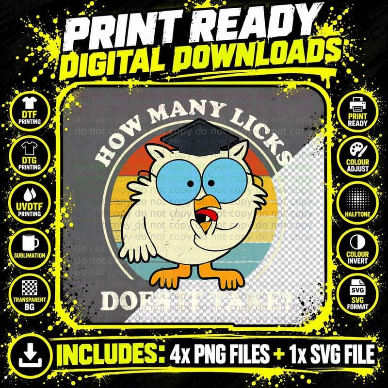 How Many Licks Does It Take, Retro Sunset Graduate Owl Png SVG Digital Bundle