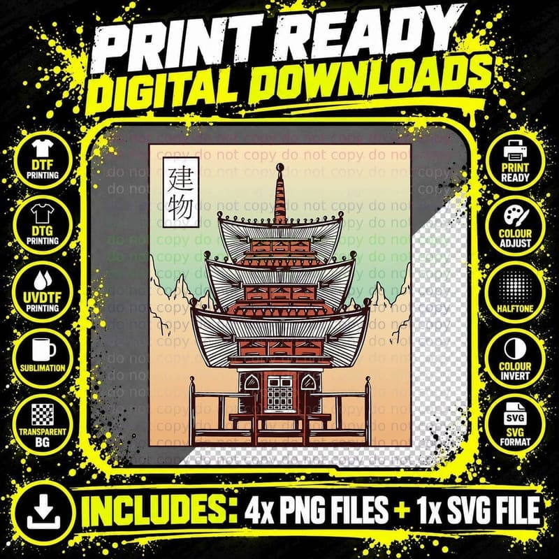 Japanese Retro Building House Aesthetic Japan Art Print Png SVG Digital Bundle