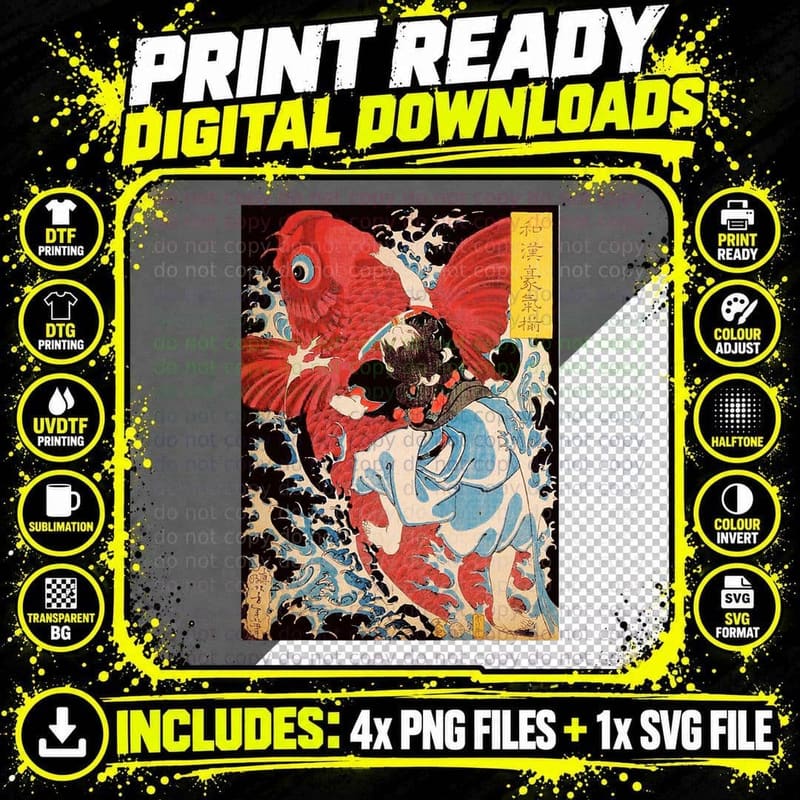 Japanese Retro Vintage Artwork Samurai on the Koi Fish Png SVG Digital Bundle