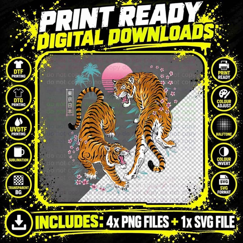 Japanese Tokyo Dueling Asian Tigers Retro 80's Vaporwave Png SVG Digital Bundle