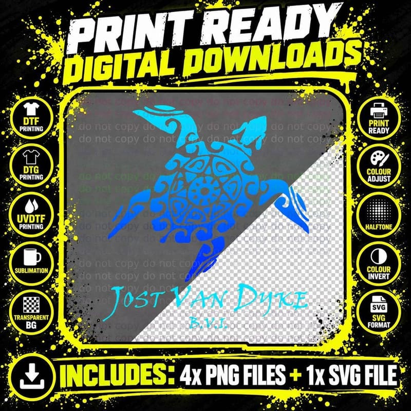 Jost Van Dyke, BVI Vintage Retro Tribal Turtle Vacation Png SVG Digital Bundle