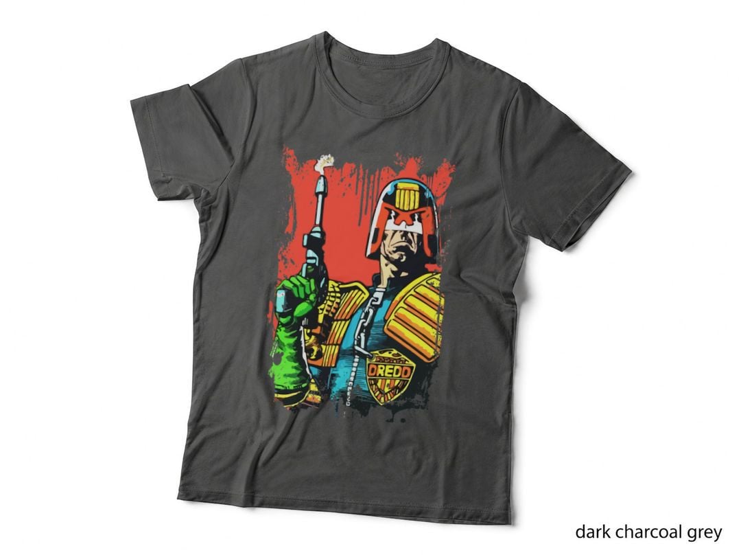 Judge Dredd Lawman Comic Tee, Retro Red Splatter Pop Art, Vintage Hero Print