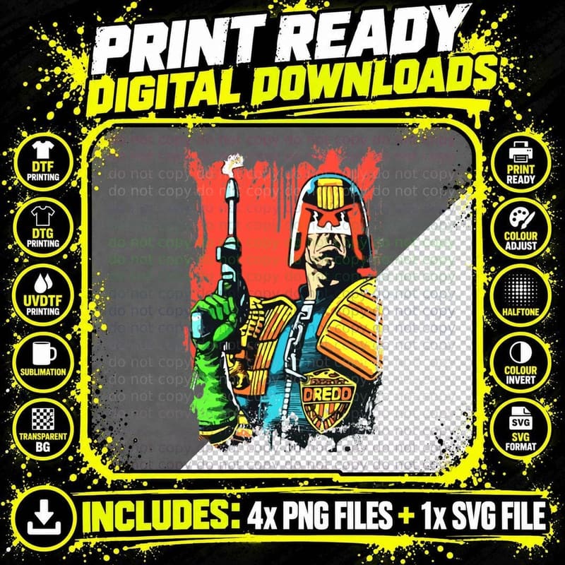 Judge Dredd Lawman Comic Tee, Retro Red Splatter Pop Art Png SVG Digital Bundle