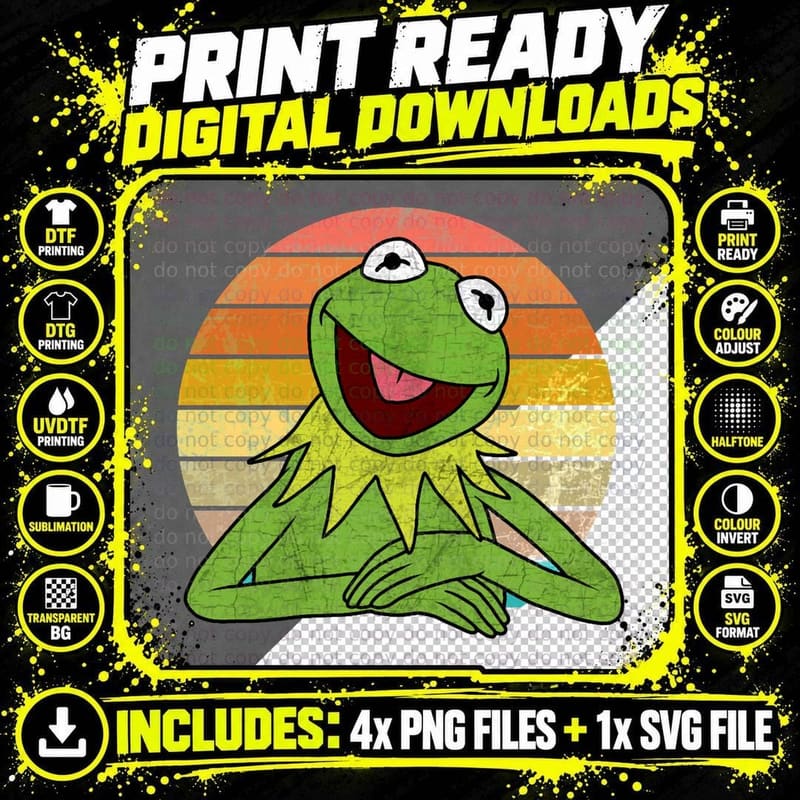 Kermit the Frog T-Shirt, Retro Vintage Sunset Stripes Png SVG Digital Bundle