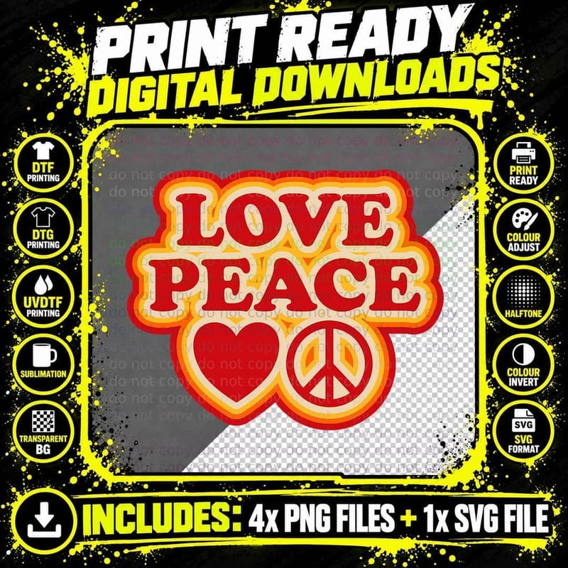 Love Peace Sign 60s 70s Groovy Hippie Vintage Disco Png SVG Digital Bundle