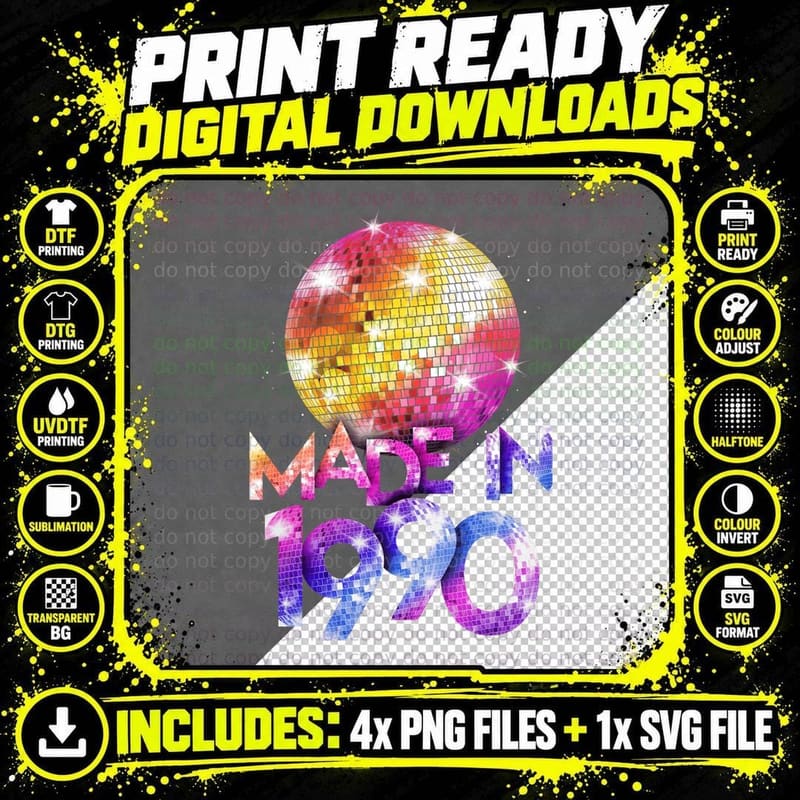 Made in 1990 Disco Ball T-Shirt, Retro 80S Birthday Png SVG Digital Bundle